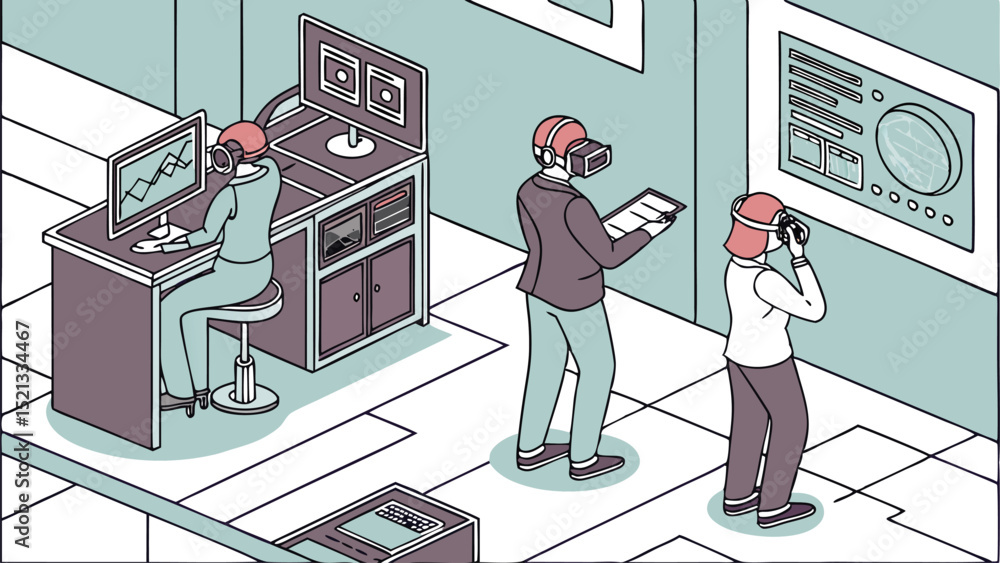Poster three people using vr headsets interacting with screens and data in a modern office environment desi