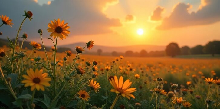 A somber summer scene, wildflowers wilting under a blazing sun, a stark contrast of life and death, symbolizing the bittersweet nature of loss during the warmest season , wilting, peace, red