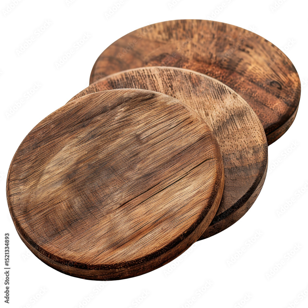 Poster natural wooden coasters with rustic finish, showcasing unique grain patterns and textures. perfect f