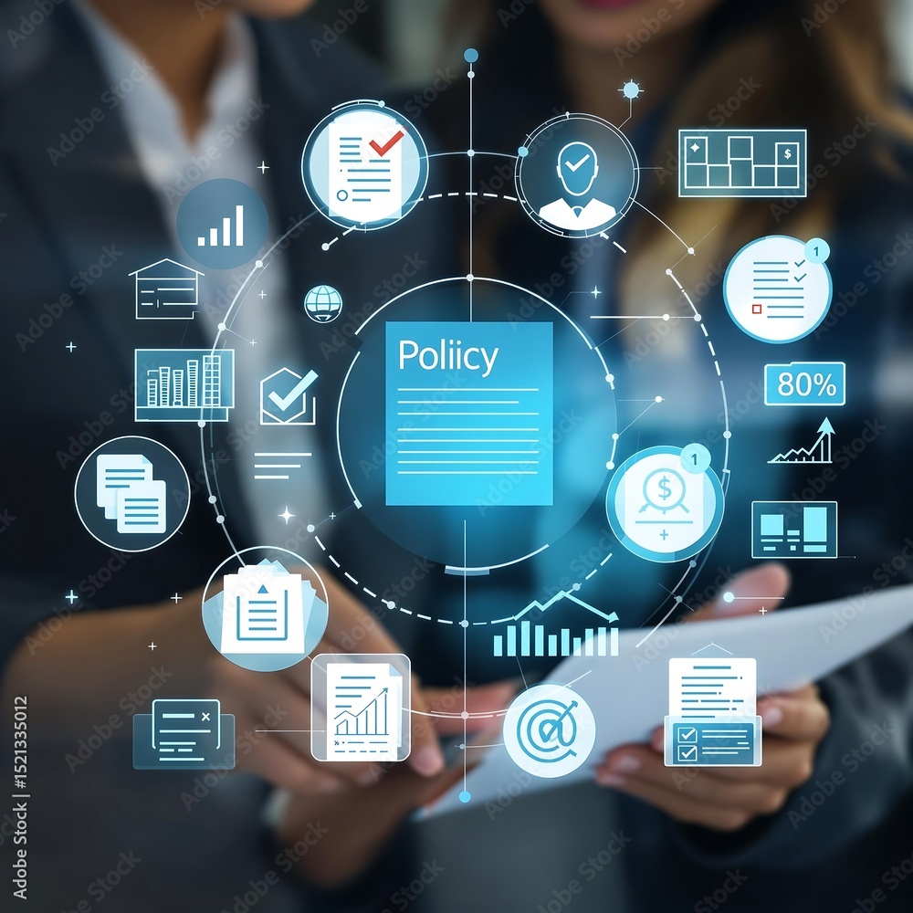 Poster business professionals reviewing policy document with data analytics and digital interface overlay