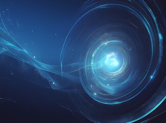 A dark blue swirl of light and shadow, with a deep background of the universe