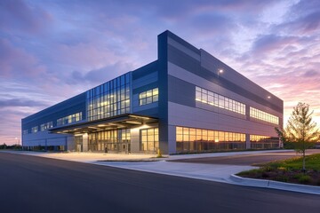 Obraz premium Contemporary Gray Distribution Center at Dawn: A Stylish Warehouse Facility Showcasing Modern Architecture