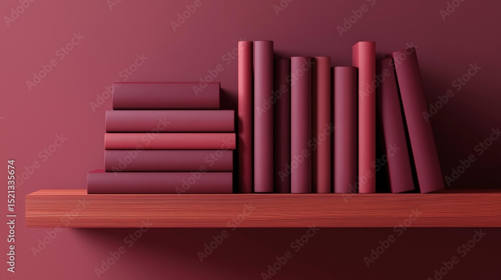 Poster wooden shelf with a stack of books on it. the books are arranged in a vertical line, with the topmos