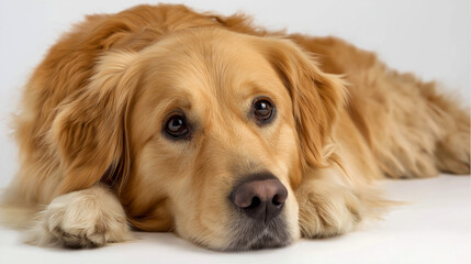 Golden dog resting on a soft white background