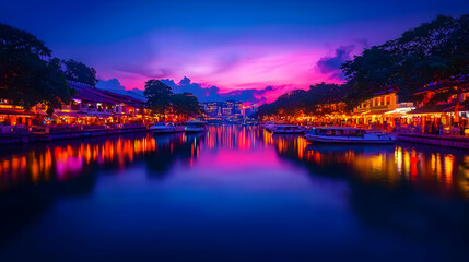 Fototapeta premium Vibrant Colorful Night Cityscape River Scene