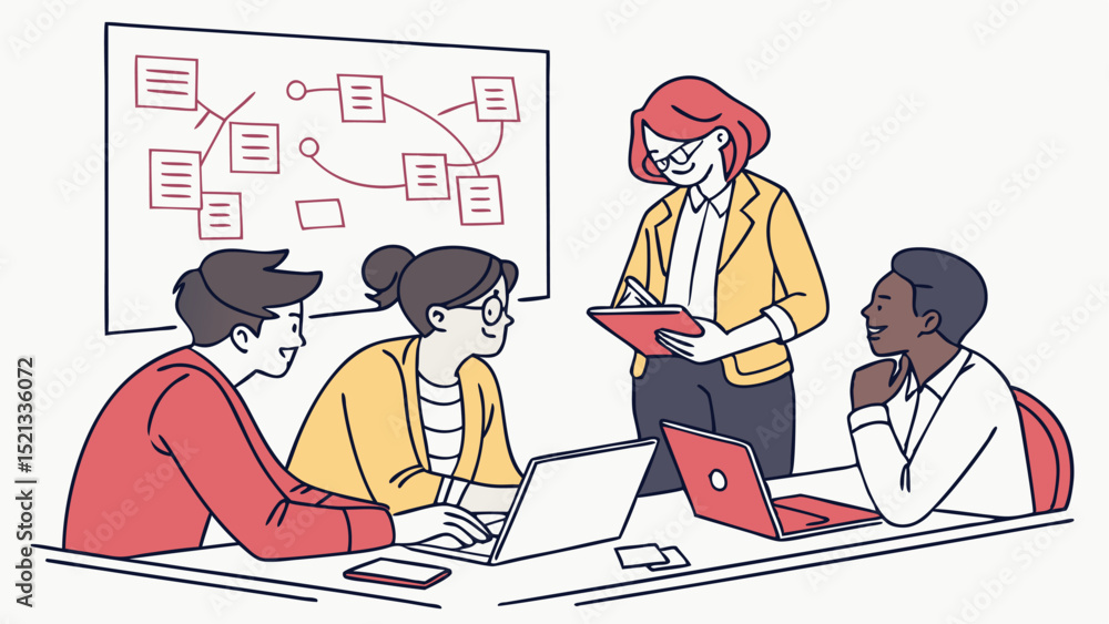 Poster a diverse team collaborates on a project with a whiteboard diagram and laptops in a modern office sp