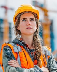 Confident Female Construction Worker Safety First on a Building Site