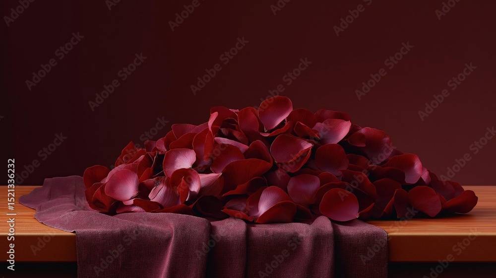 Aufkleber pile of red rose petals on a wooden surface. the petals are arranged in a way that they are overlapp