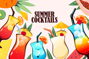 Summer cocktails background. Summer refreshing drinks and fruits. Vector illustration.