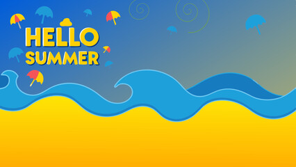 Hello summer text with beach, blue waves, umbrellas and swirls on a gradient blue background