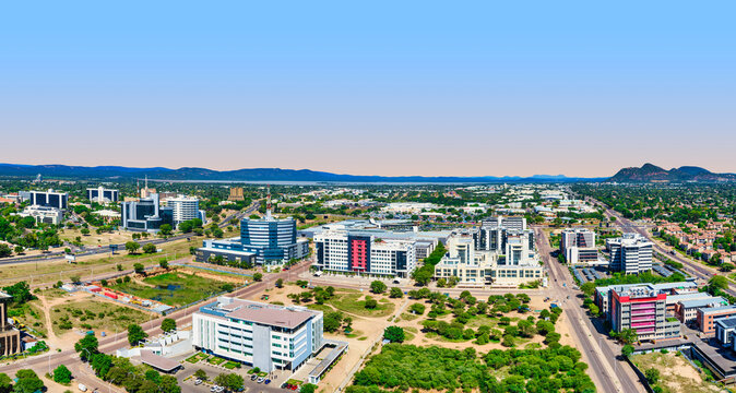 Panorama of Gaborone city showcasing modern skyscrapers, Gaborone, Botswana