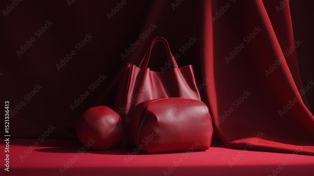 Poster red handbag and a red ball on a red surface. the handbag is made of leather and has a long, rectangu