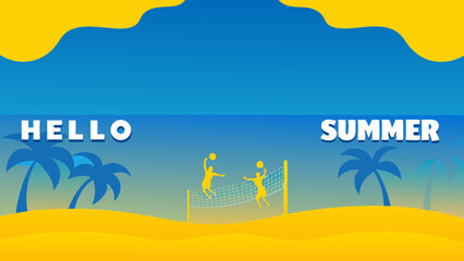 Illustration of a beach volleyball game with palm trees and the words hello summer on a sunny day