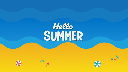 Hello summer beach scene with umbrellas and sandcastles under a blue sky and ocean waves design