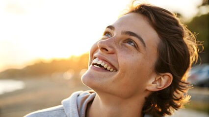 Joyful youth embracing sunset moments beachside portrait photography natural setting upward view happiness concept