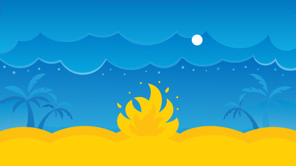 Illustration of a beach with palm trees, a bonfire, and a blue sky with clouds and a moon at night