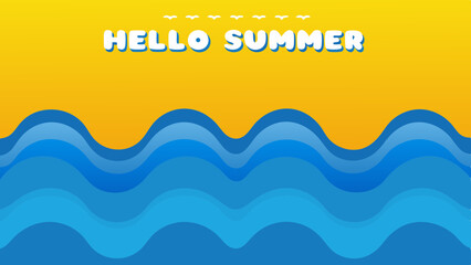 Illustration of hello summer text with birds on a yellow background and blue wavy lines below it all
