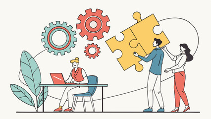 Illustration of team working together with gears, puzzle pieces and a woman working on a laptop at a desk
