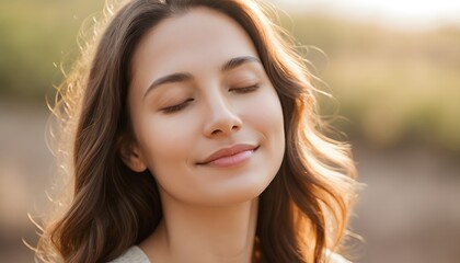 Naklejka premium Serene woman enjoying nature outdoor setting portrait photography natural light close-up mindfulness and well-being