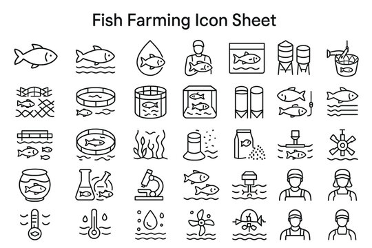 Fish Farming Icon Sheet: A comprehensive collection of detailed line icons representing various aspects of fish farming. Includes illustrations of fish, equipment, and processes.