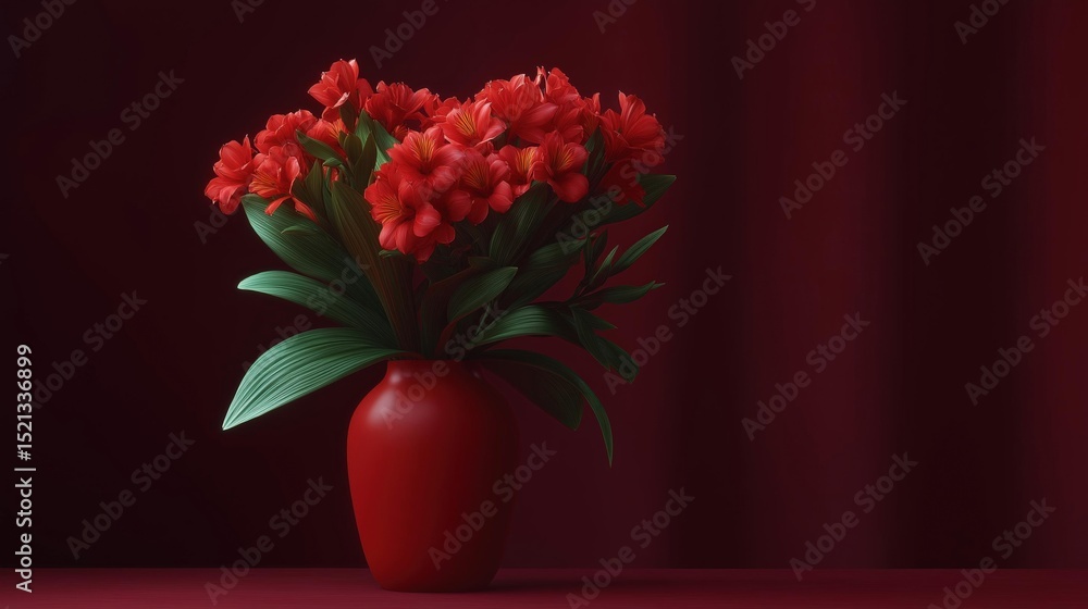 Poster 3d rendering of a red vase with a bunch of red flowers in it. the vase is round and has a smooth sur