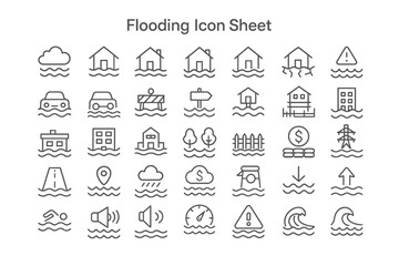 Flood Icon Sheet: Illustrative vector of various icon associated with flooding, for use in educational material or public service announcements.