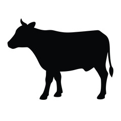 Silhouette of a black cow on a white background, black silhouette of a cow,