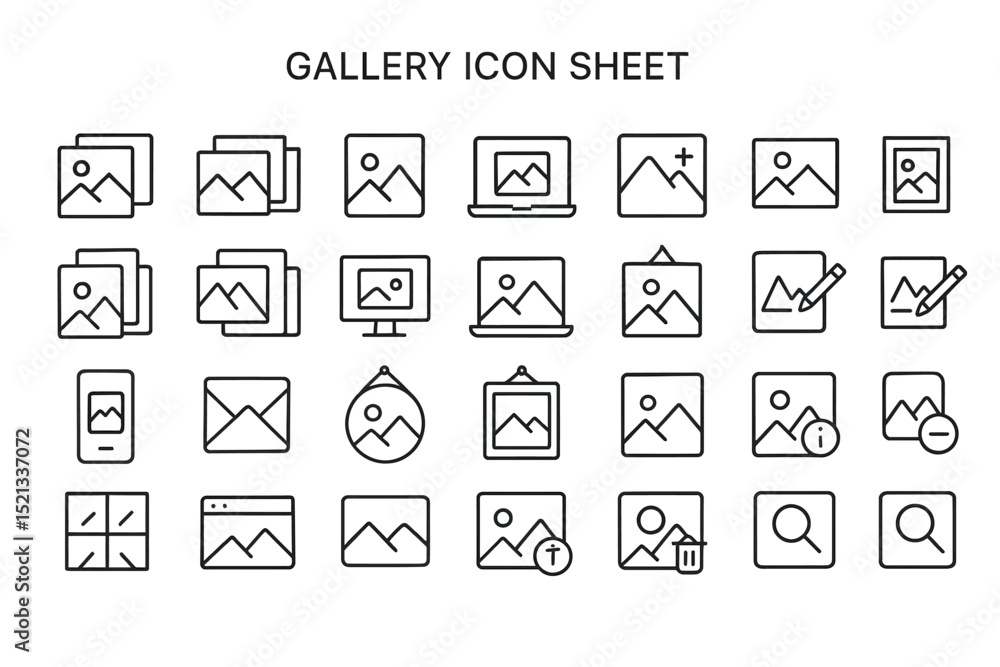 Poster gallery icon sheet: a visually appealing collection of clean, crisp gallery icons. perfect for ui de