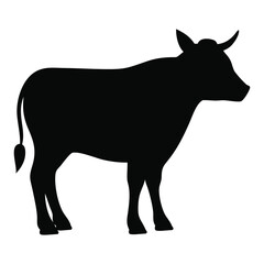 Silhouette of a black cow on a white background, black silhouette of a cow,