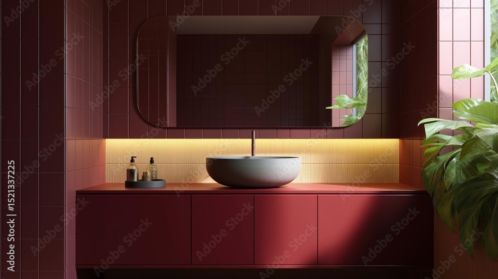 Poster modern bathroom with a red color scheme. the walls are covered in dark red tiles, and there is a lar