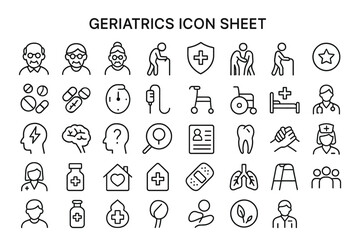 Geriatrics Icon Sheet: A comprehensive outline icon sheet of geriatrics symbols providing a clear and informative visual representation of healthcare.