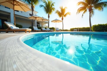 Sparkling clean pool water, reflecting sunlight on a pristine white pool deck Perfect for summer relaxation and luxury resort imagery , bright, swimming pool, backyard