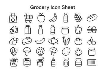 Grocery Icon Sheet: A sheet of minimal grocery icons features supermarket essentials, each outlined in clean, black line art.