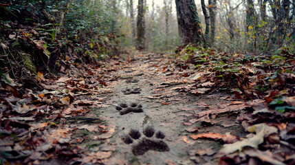 Leaf-covered forest path with clear animal tracks footprints leading into woods
