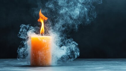 An elegantly burning candle emits a warm glow, surrounded by drifting smoke against a dramatic dark background, creating a serene and calming ambiance perfect for relaxation.