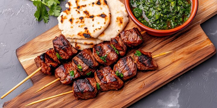 Grilled beef kabobs with naan bread and chimichurri sauce served hot