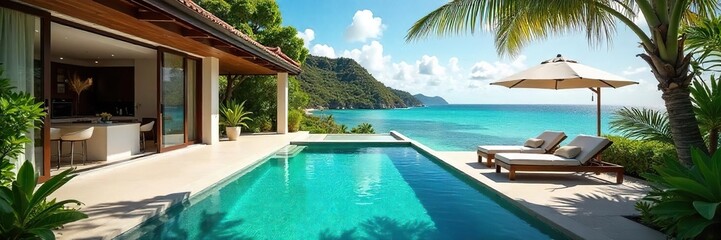 Fototapeta premium Luxury villa with private pool, stunning ocean views, spacious living area, and lush tropical gardens Perfect for a relaxing getaway , house, architecture, sea