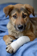 Injured brown puppy with bandaged paw resting on blue blanket