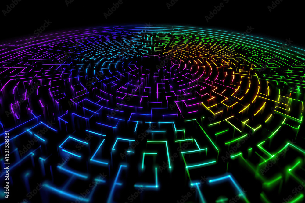Poster colorful neon maze in circular pattern with black background