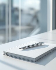 White Notebook and Pen on Desk Near Window