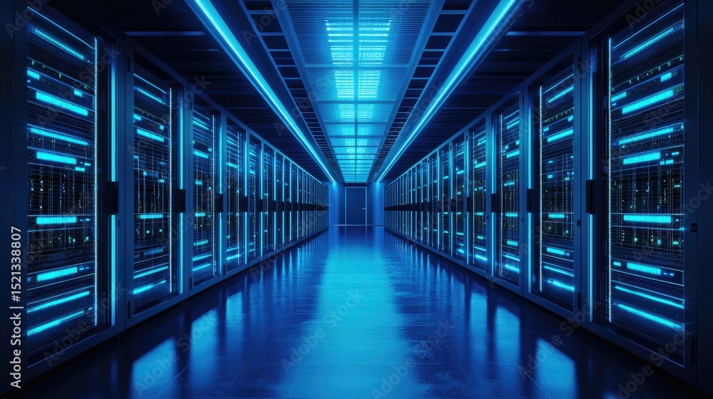 Poster futuristic data center corridor with glowing blue server racks and illuminated ceiling lights, depic