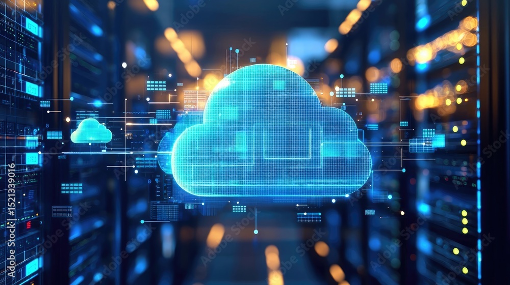 Poster Digital blue cloud interface over a futuristic server room, visualizing advanced cloud computing, data storage systems, and next generation information infrastructure