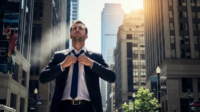 Man untying tie on city street during summer heat. Businessman feeling hot and sweating in a professional suit, footage.