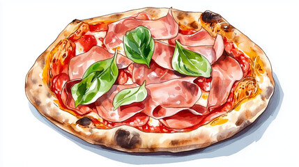 Vector illustration, watercolor painting of Prosciutto Pizza, isolated on a white background.