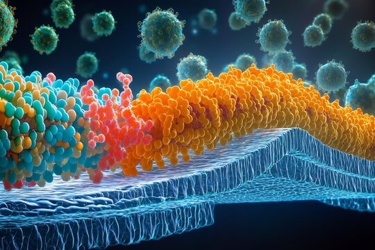 Dynamic vesicle transport across cell membrane digital painting style illustration of cellular biology