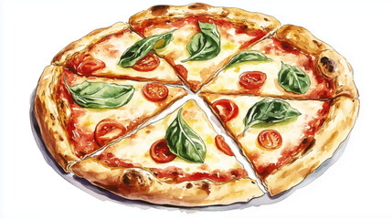 Vector illustration, watercolor painting of Italian Pizza, isolated on a white background.