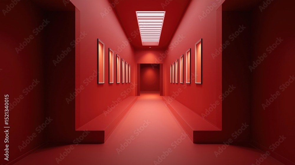 Aufkleber long, narrow corridor with red walls on both sides. the walls are painted in a deep red color and th
