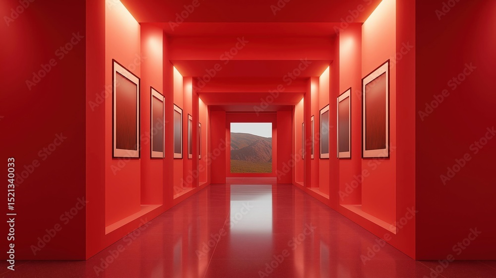 Poster long corridor with red walls and floor. the corridor has a high ceiling with recessed lighting. on e