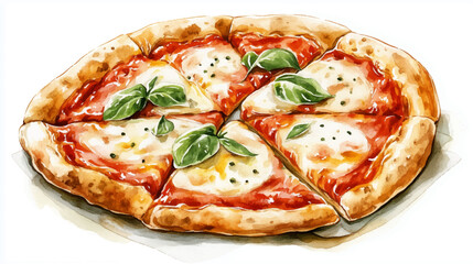 Vector illustration, watercolor painting of Italian Pizza, isolated on a white background.