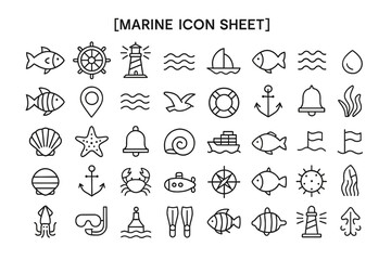 Marine Icons: A curated collection of detailed marine icons, featuring an array of nautical symbols such as anchors, sailboats, fish, and waves, perfect for design elements.